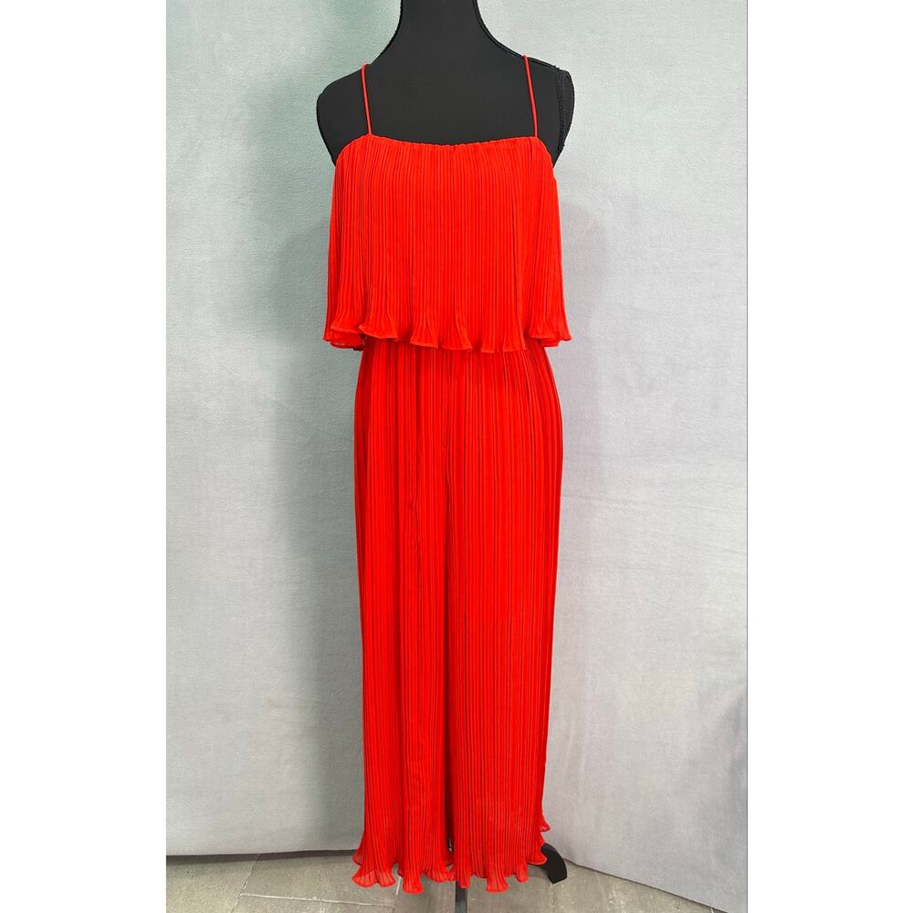 Zara Red Pleated Strappy Wide Leg Culotte Jumpsuit Ruffle Overlay Size M - Picture 2 of 10